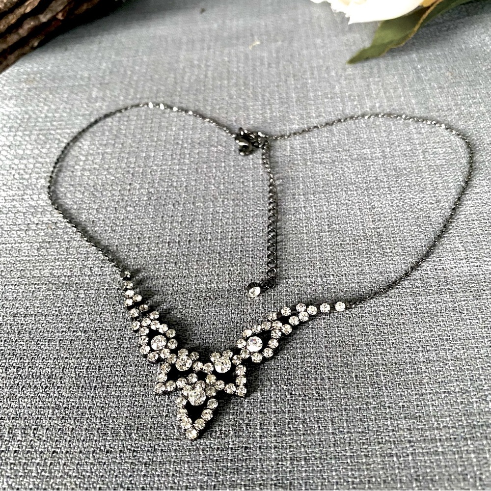 Vintage- Dainty Art Deco Style Clear Swarovski & Japanned Chain Necklace